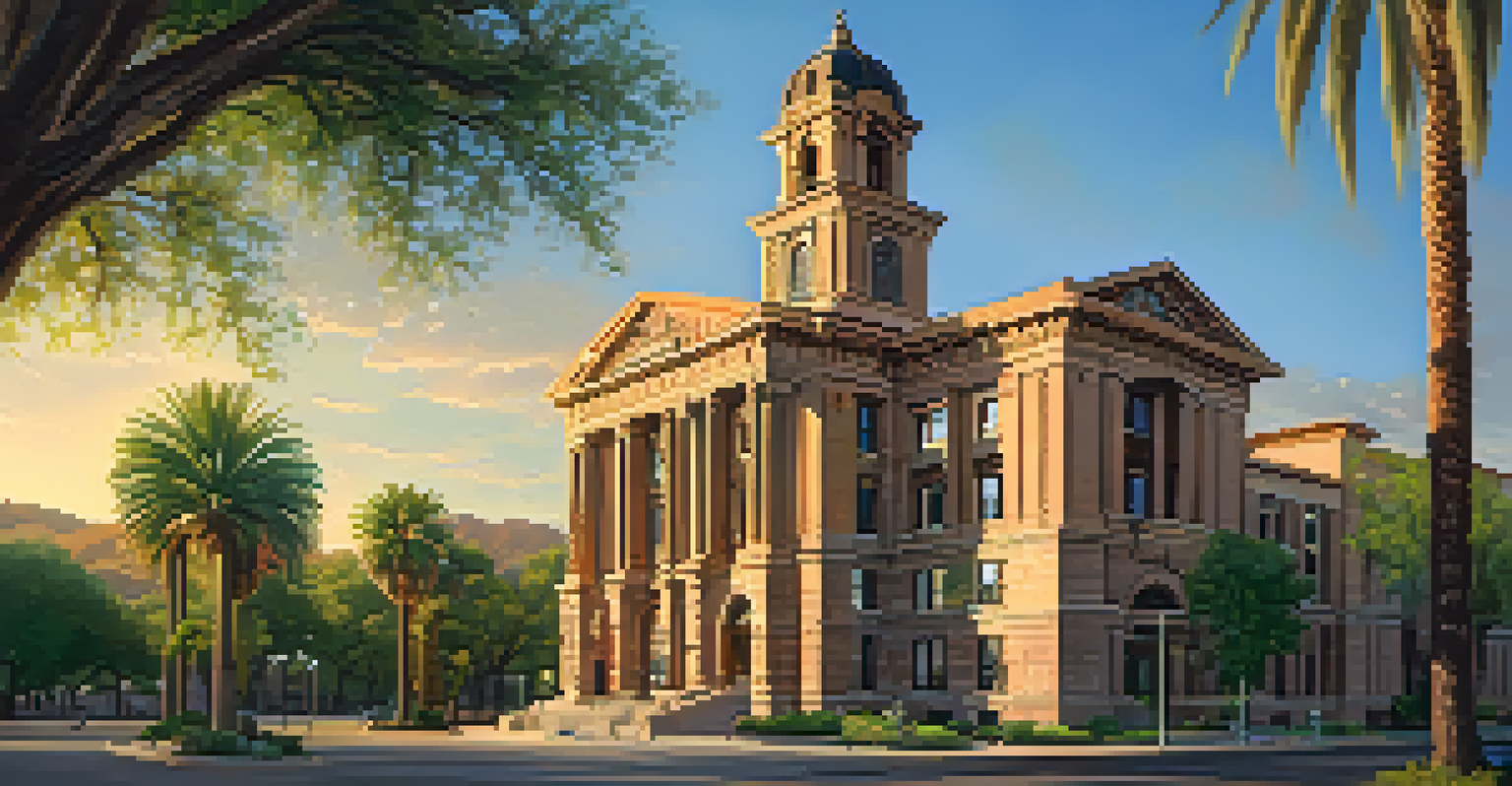 The Pima County Courthouse in Tucson, bathed in golden light during sunset, showcasing its clock tower and intricate stone carvings.
