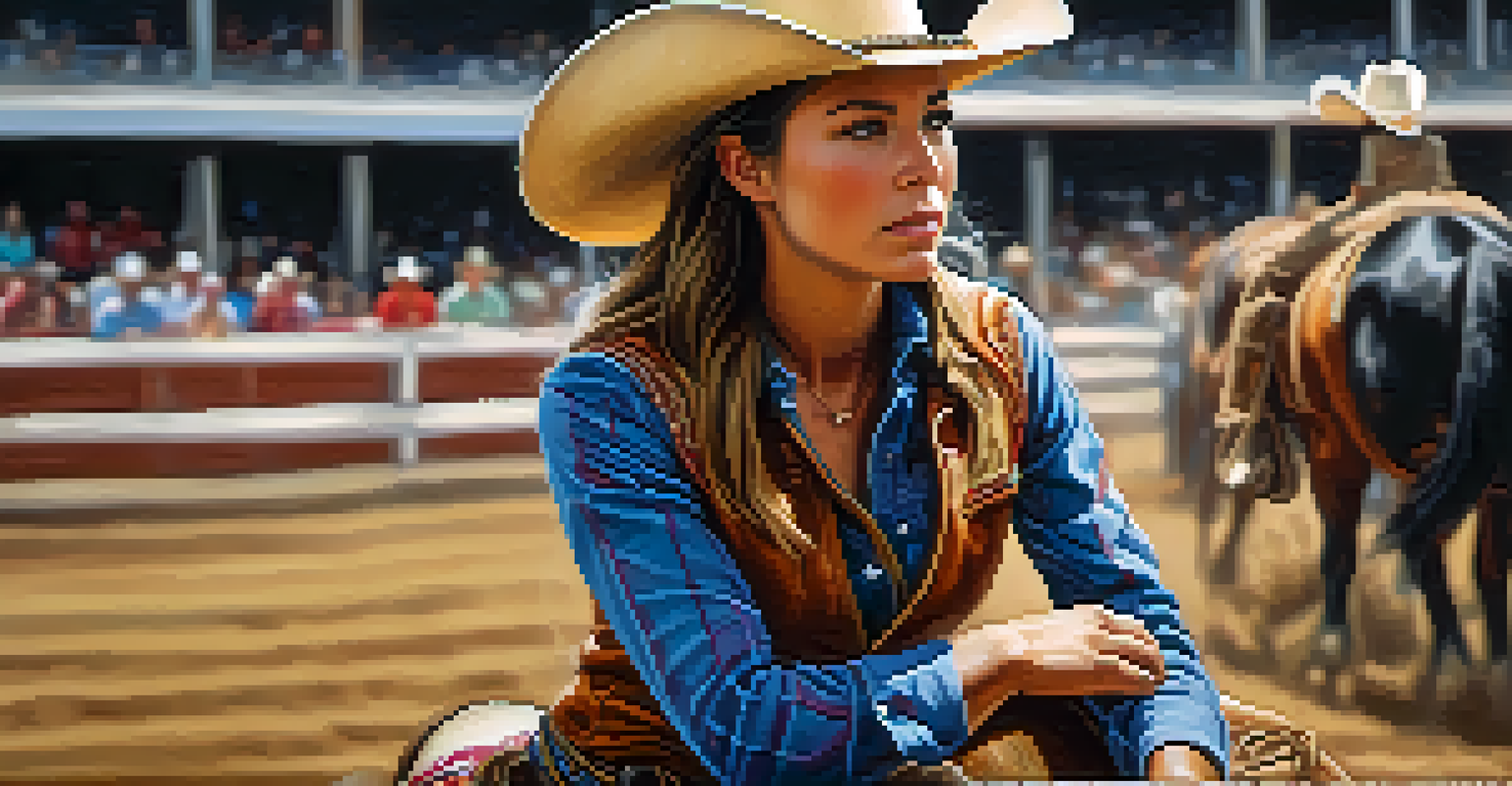 A close-up of a determined cowgirl in rodeo attire, preparing for barrel racing.