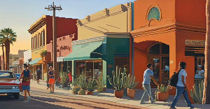A lively street in Tucson showcasing historic adobe structures alongside modern buildings at sunset, with people bustling about and desert plants in view.