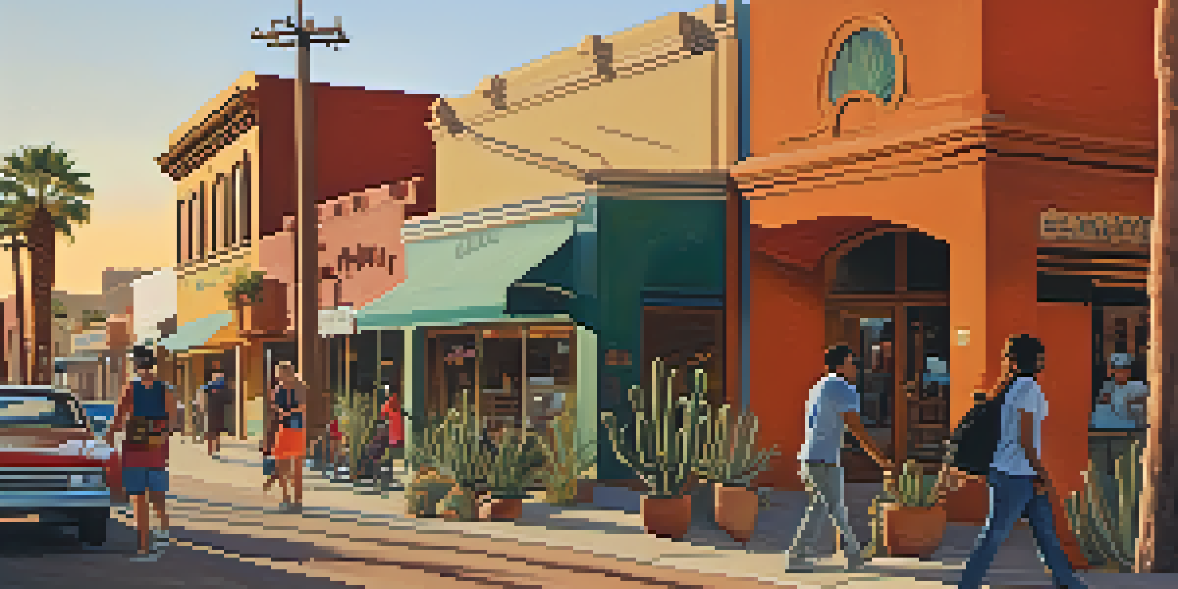 A lively street in Tucson showcasing historic adobe structures alongside modern buildings at sunset, with people bustling about and desert plants in view.