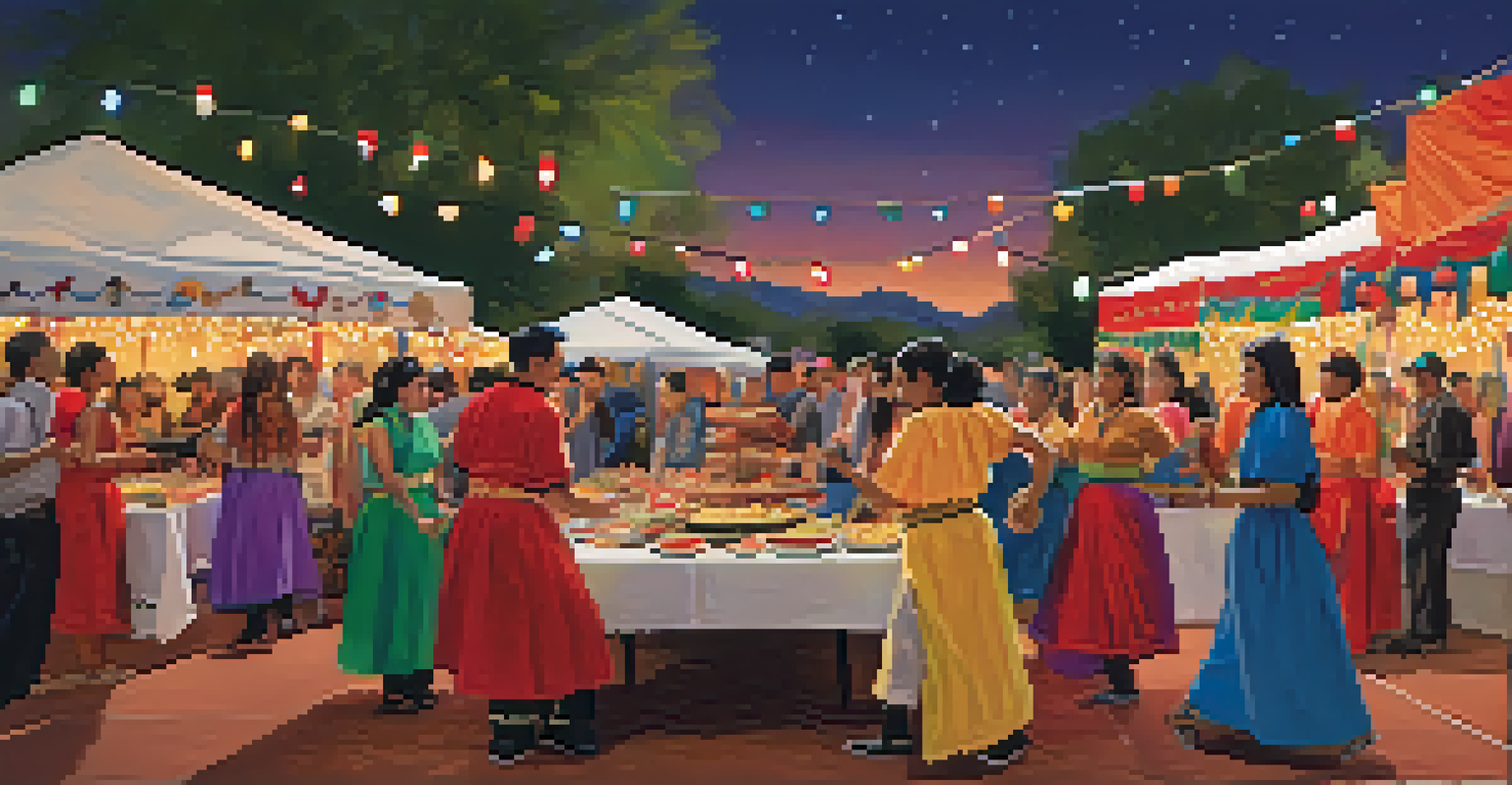 A cultural exchange event at the Tucson Film Festival with attendees enjoying food and performers in colorful costumes celebrating diversity.