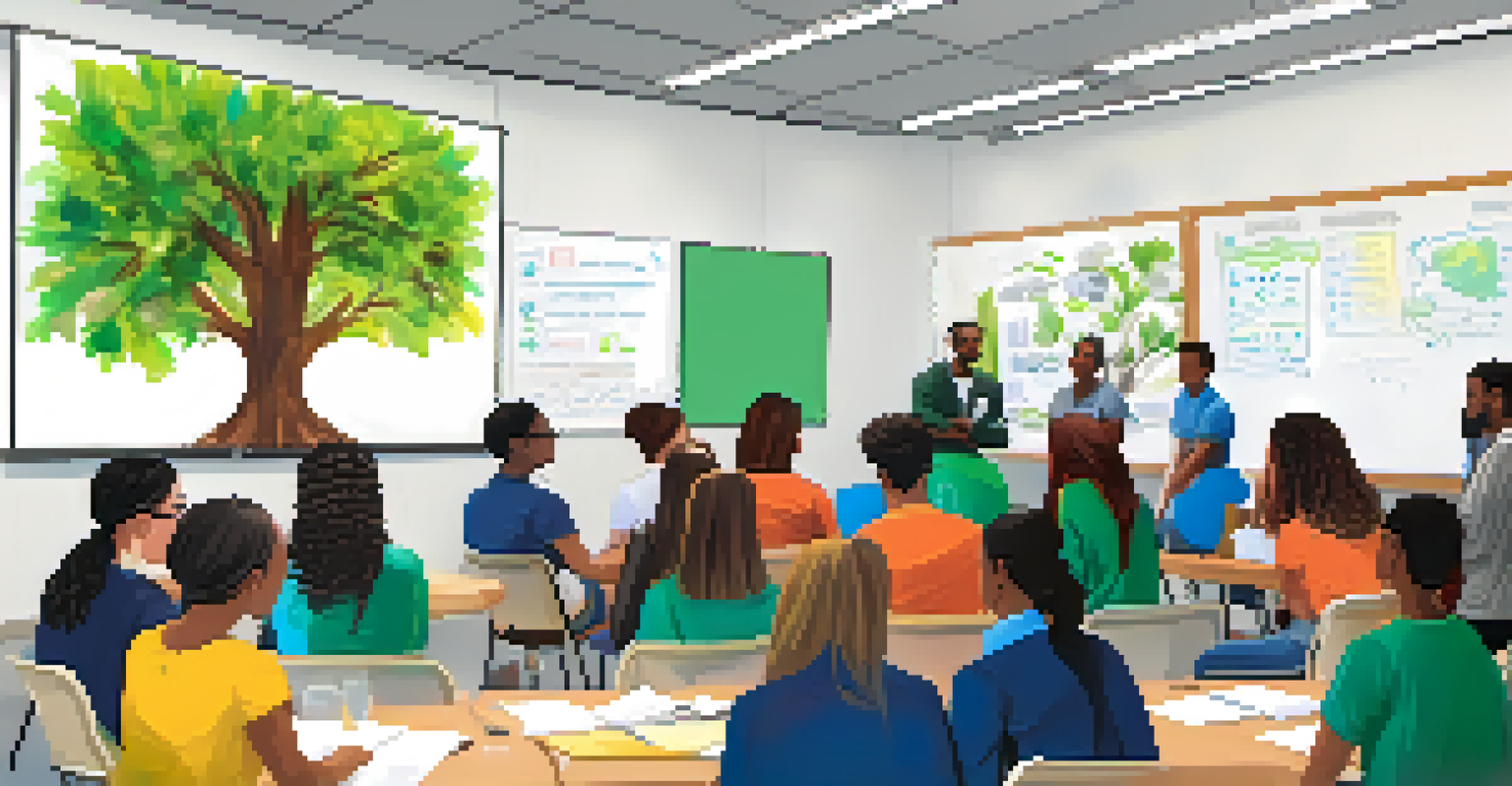 Youth leaders in a classroom meeting, discussing plans for a community tree planting event with plants and colorful charts around them.