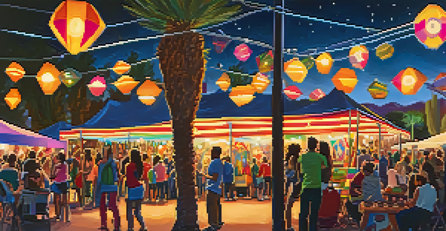 An interactive art installation at a festival, with colorful lights and people engaging with the art while a band performs nearby.