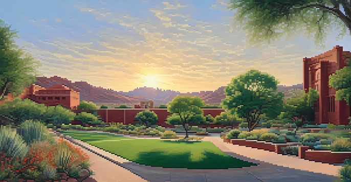 A view of the University of Arizona campus with red-brick buildings and greenery during sunset.