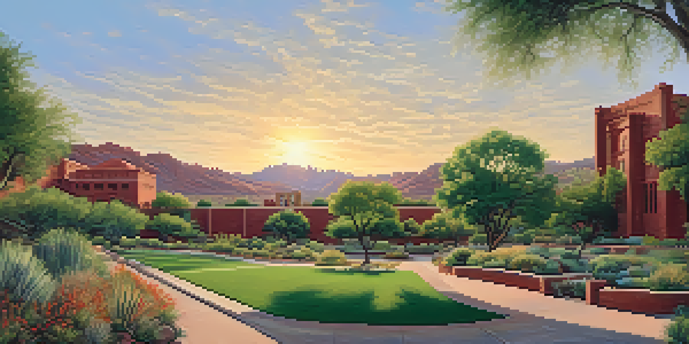 A view of the University of Arizona campus with red-brick buildings and greenery during sunset.