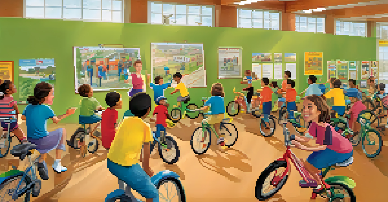 A community workshop teaching cyclist safety, with children and adults learning from an instructor surrounded by educational posters.