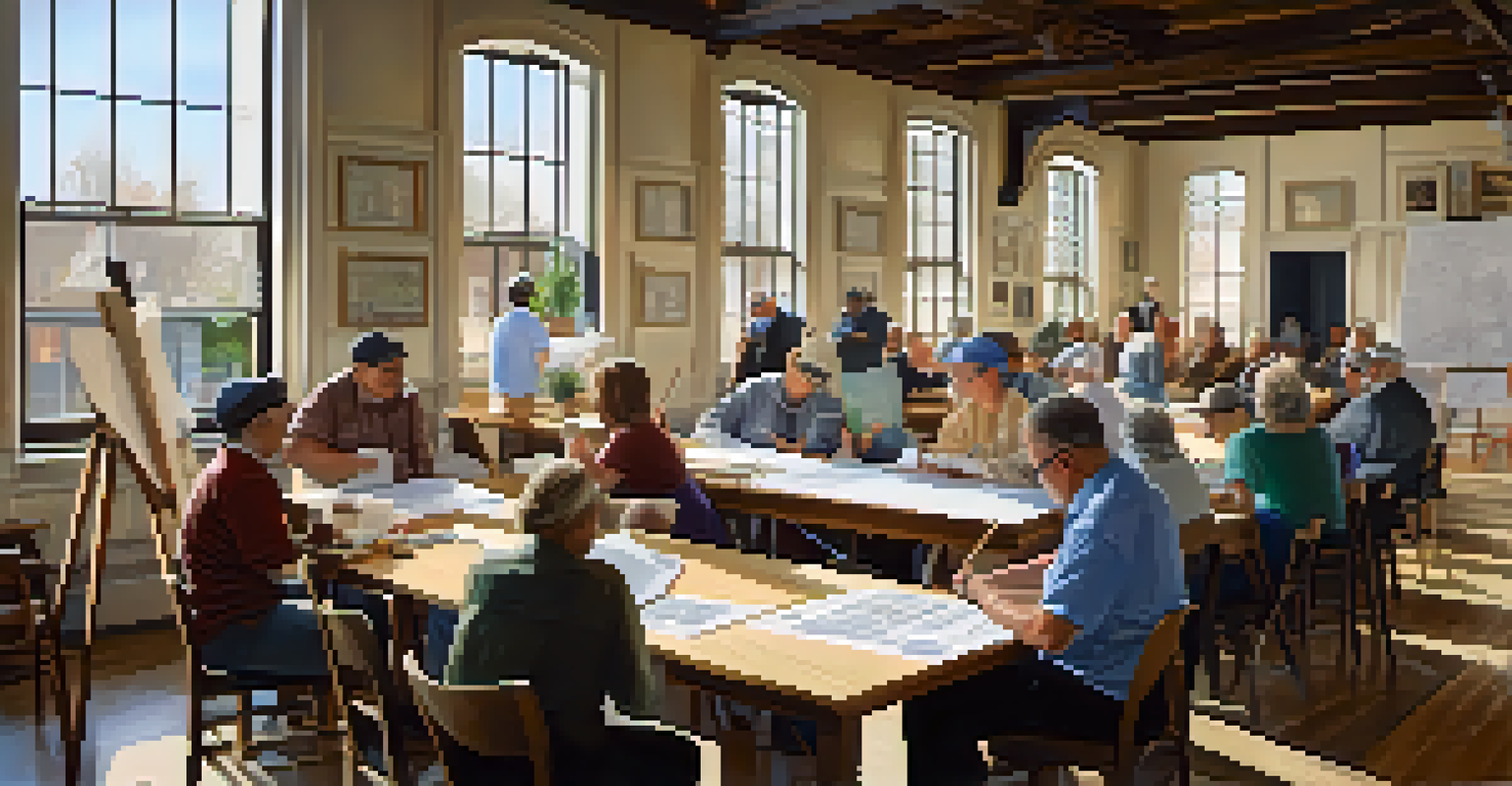 A community workshop where residents engage in discussions about historic preservation, surrounded by blueprints and materials, with bright natural light illuminating the space.