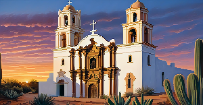 A sunset view of Mission San Xavier del Bac with a warm glow on its architecture and desert plants in the foreground.