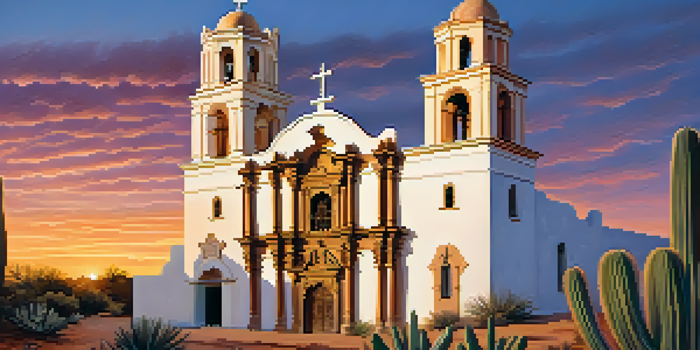 A sunset view of Mission San Xavier del Bac with a warm glow on its architecture and desert plants in the foreground.