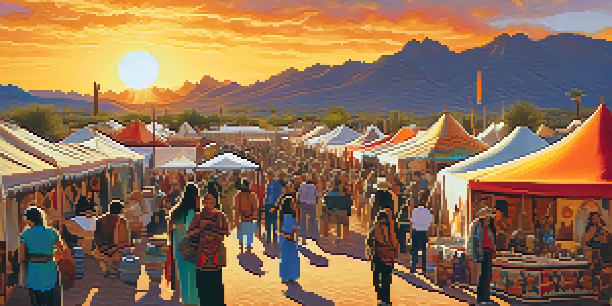 A lively art festival in Tucson with Native American artists showcasing pottery and jewelry under colorful tents during sunset.
