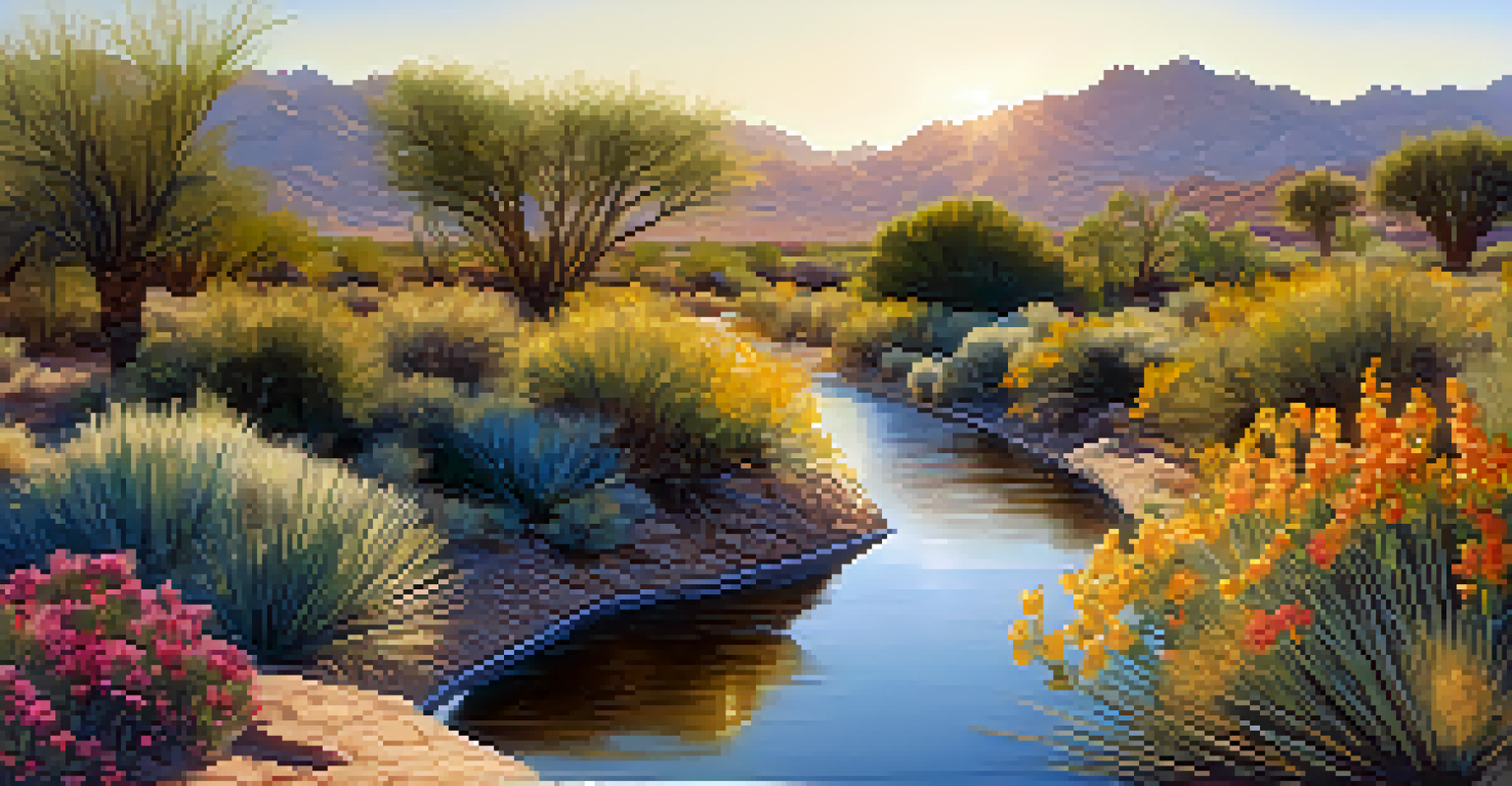 Close-up of a Hohokam irrigation canal with flowing water surrounded by desert vegetation and wildflowers.