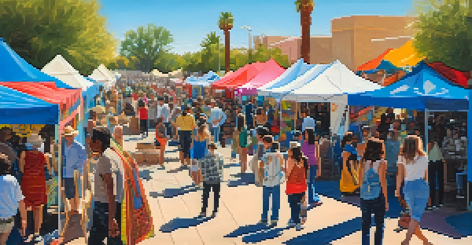 A lively outdoor arts festival in Tucson with colorful tents and diverse crowds enjoying art installations and performances under a bright sky.