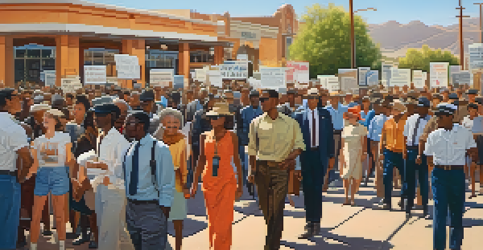 A diverse group of people holding signs in a peaceful protest for civil rights in Tucson, with mid-20th century buildings in the background and bright sunlight.