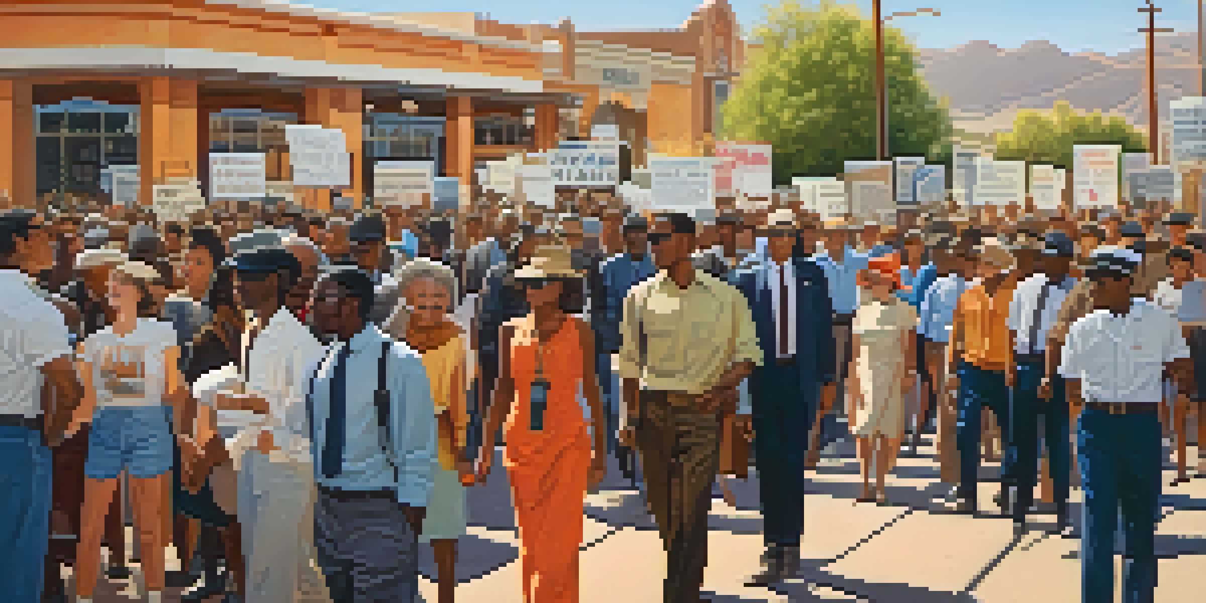 A diverse group of people holding signs in a peaceful protest for civil rights in Tucson, with mid-20th century buildings in the background and bright sunlight.