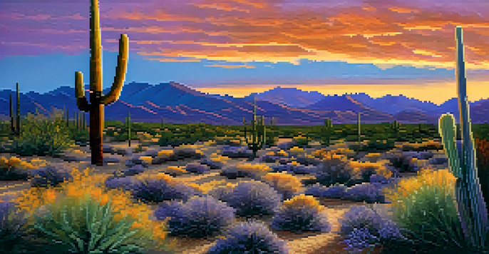 A sunset scene in the Sonoran Desert showcasing a Saguaro cactus and various desert plants with a vibrant sky.