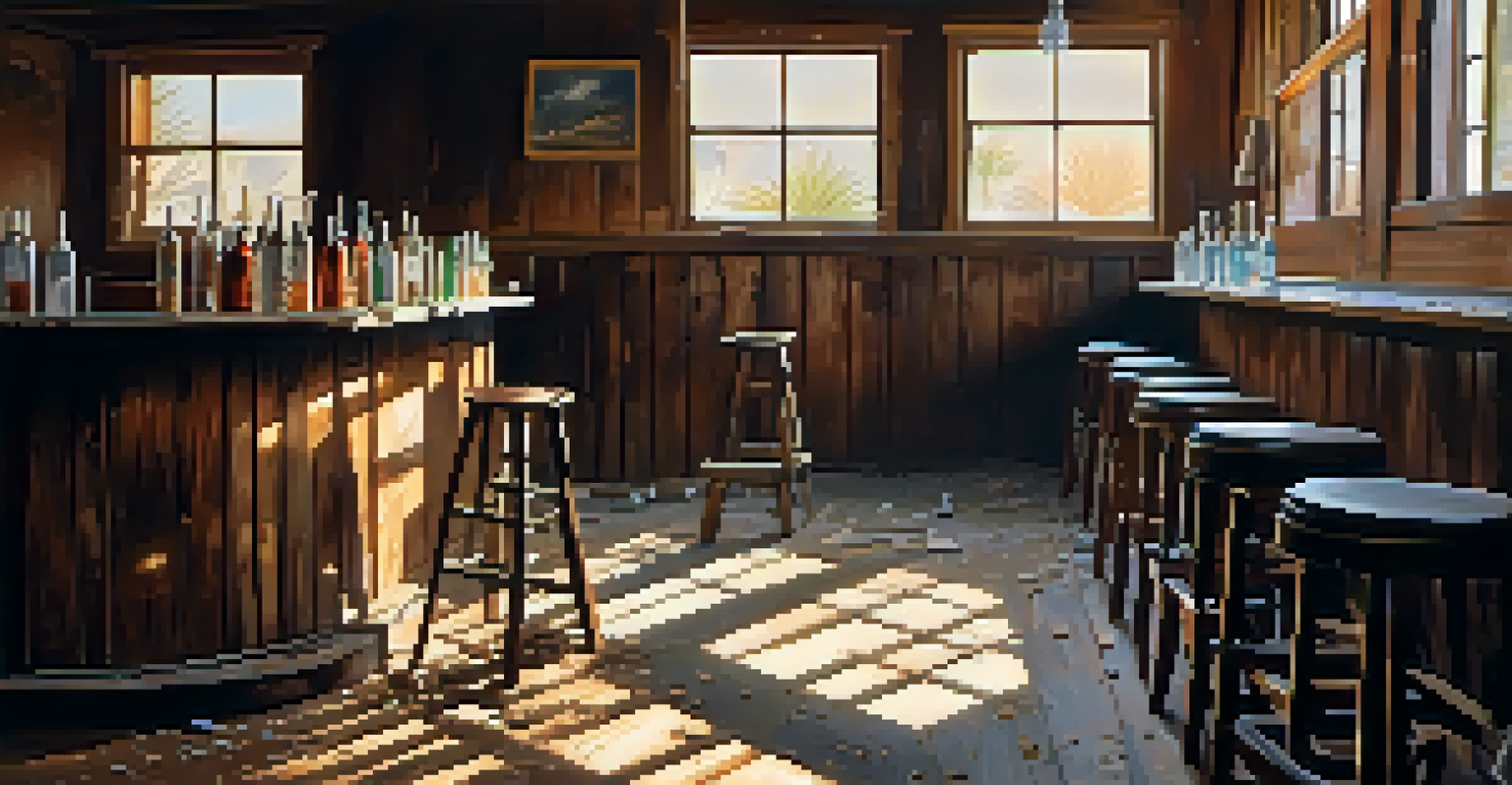 The interior of a dilapidated saloon in a ghost town, featuring dusty wooden bar stools and sunbeams shining through broken windows.