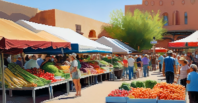 A lively farmers' market in Tucson filled with colorful organic vegetables and people interacting.