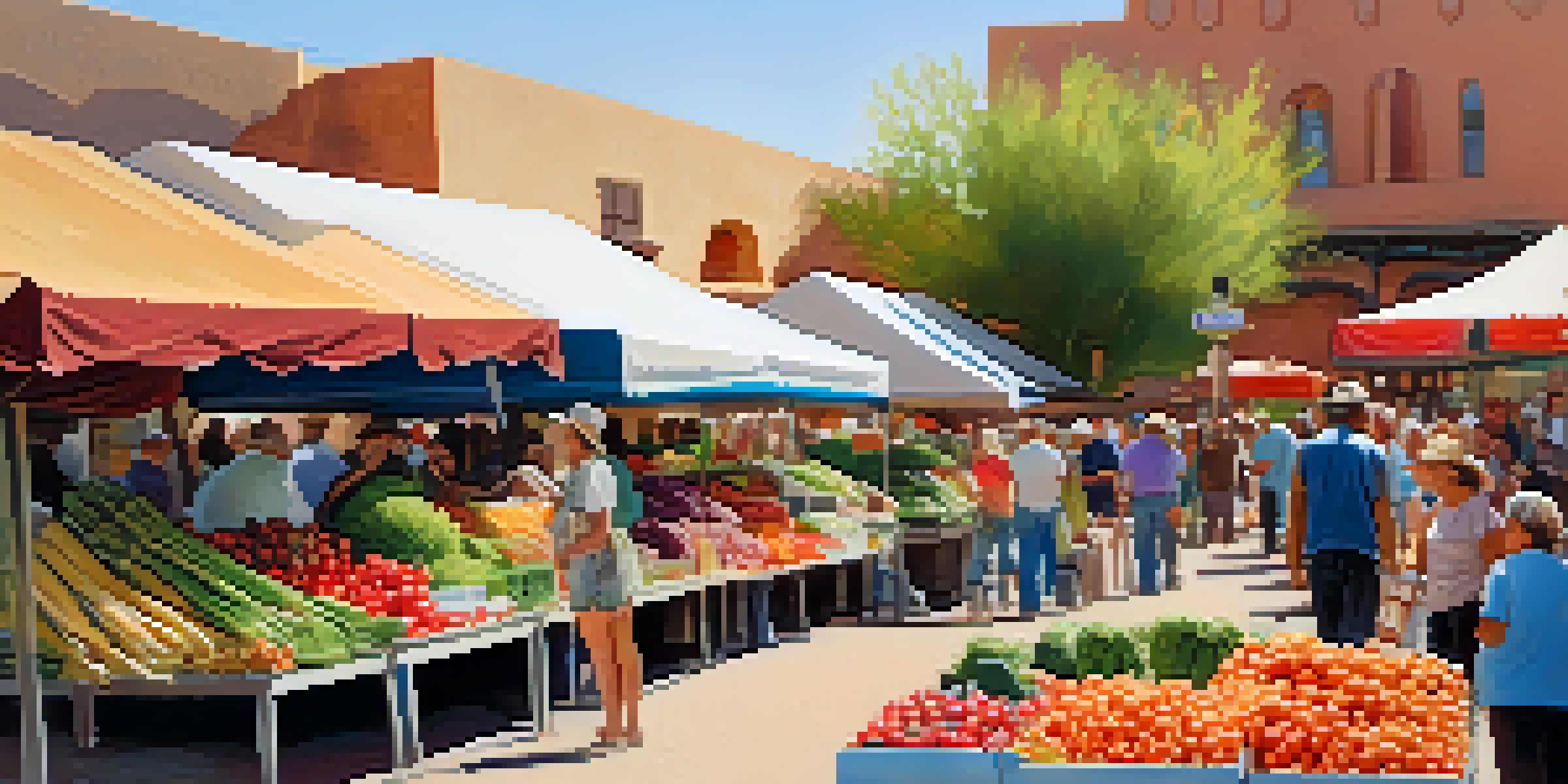 A lively farmers' market in Tucson filled with colorful organic vegetables and people interacting.