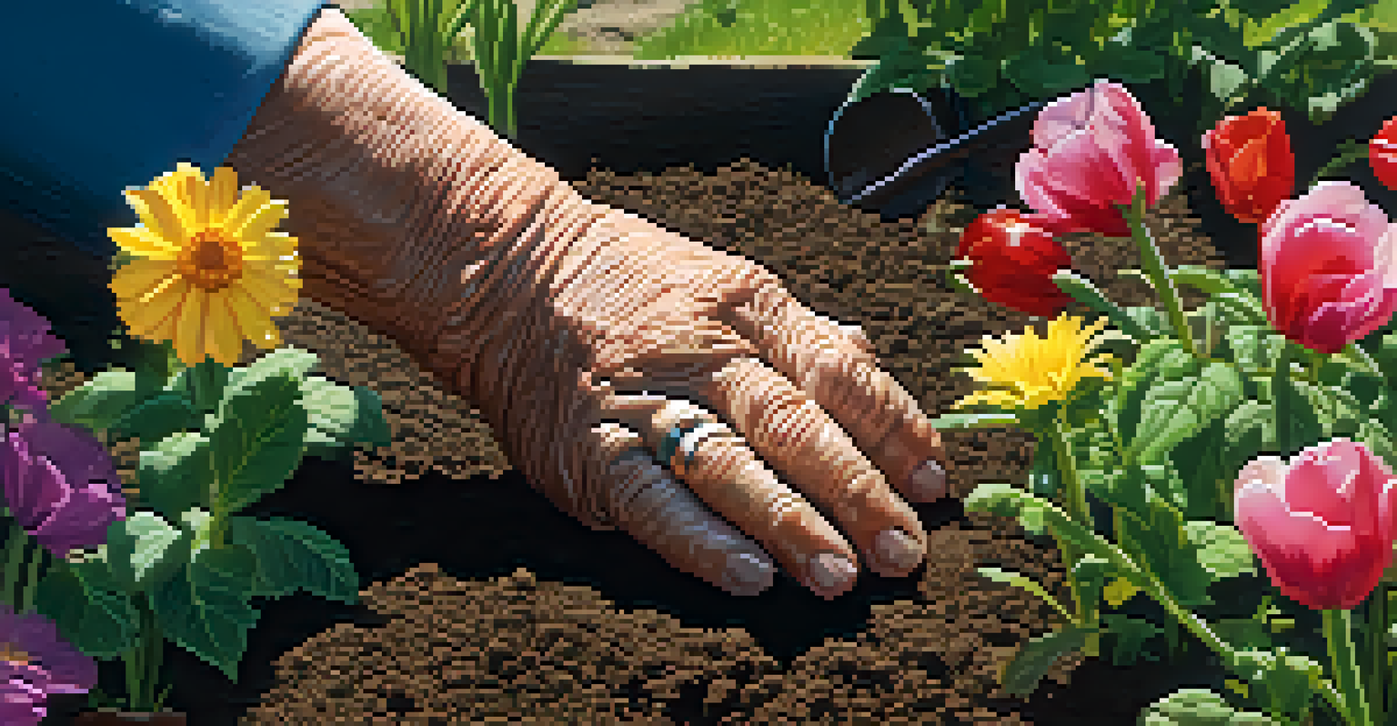 Elderly hands planting flowers in a community garden, showcasing the soil and vibrant colors of the plants.