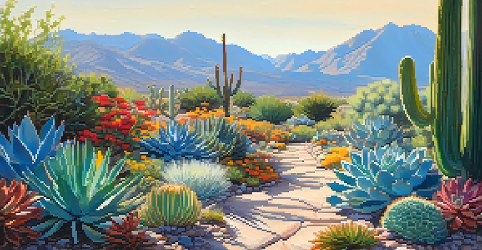 A beautiful xeriscape garden in Tucson with colorful succulents and wildflowers, under a blue sky.