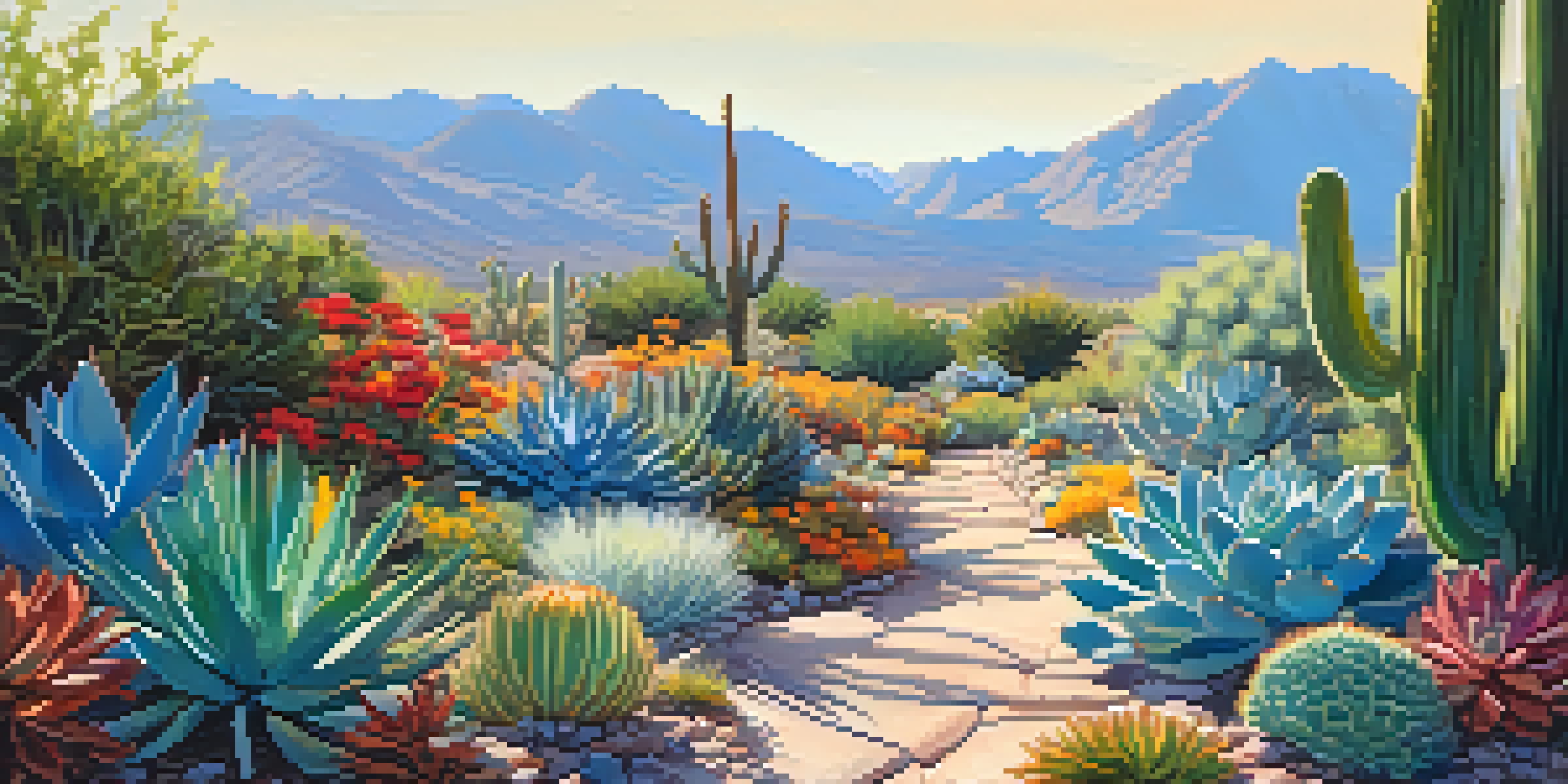 A beautiful xeriscape garden in Tucson with colorful succulents and wildflowers, under a blue sky.