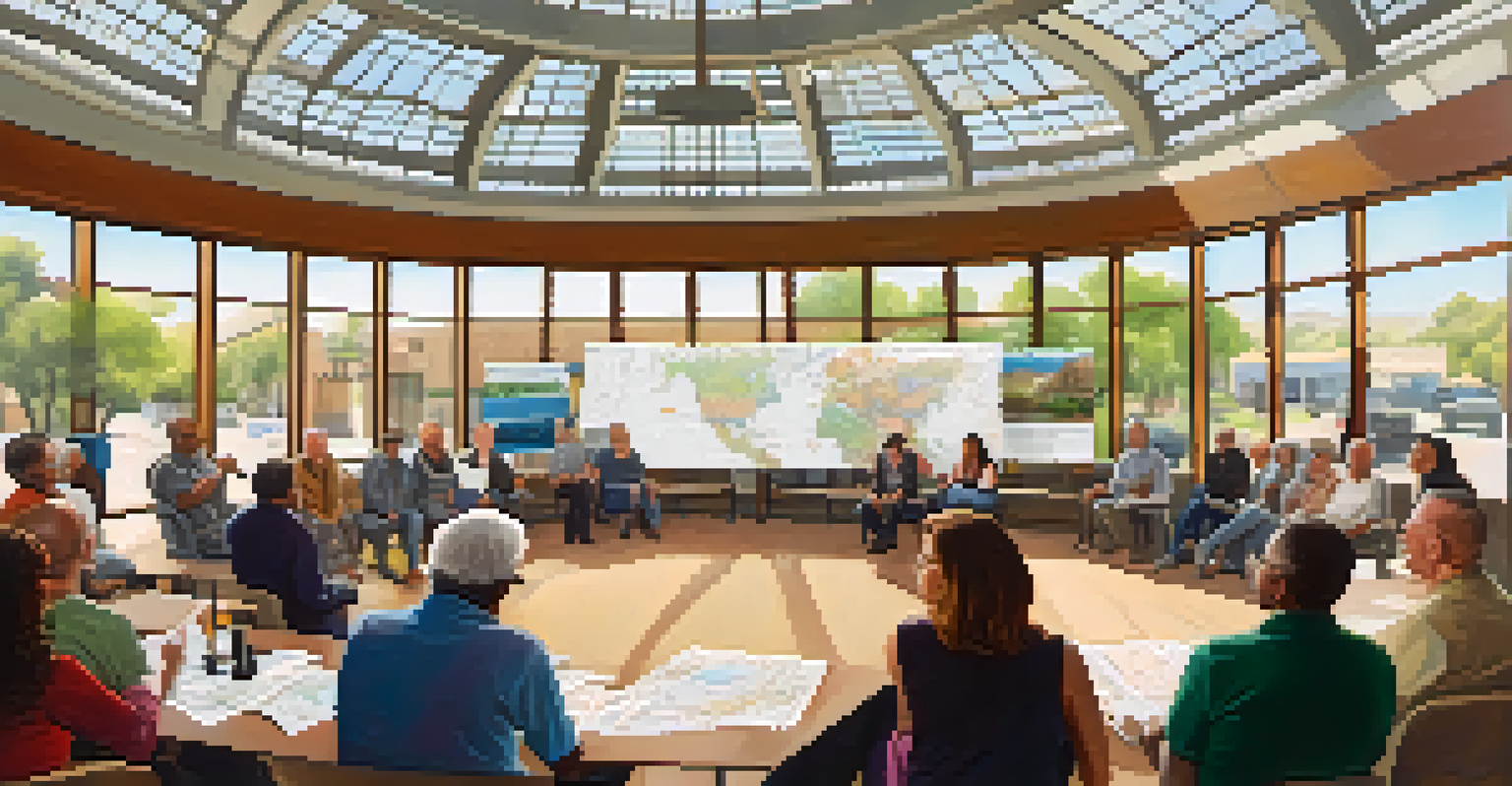 A community meeting in Tucson with diverse residents discussing transit planning, surrounded by maps and charts in a well-lit room.