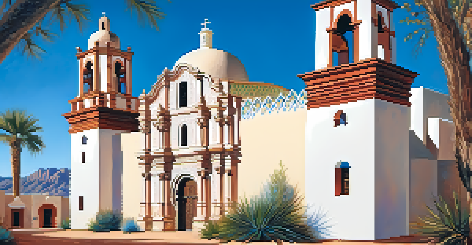The historic Mission San Xavier del Bac with intricate architecture under a clear blue sky, surrounded by desert plants.