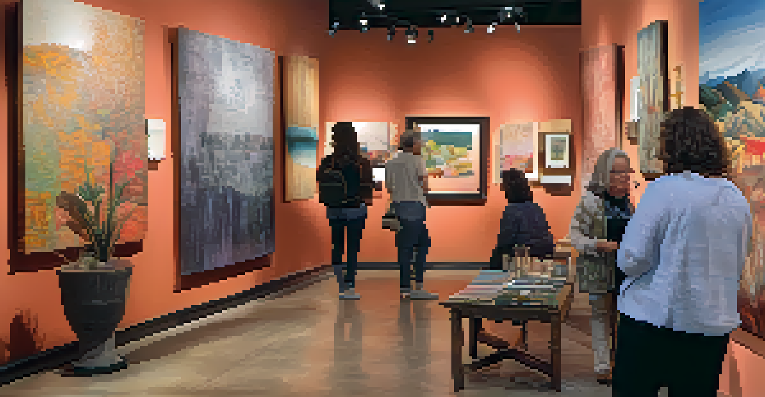 A cozy art gallery in Tucson showcasing mixed media artworks with visitors engaged in discussion.