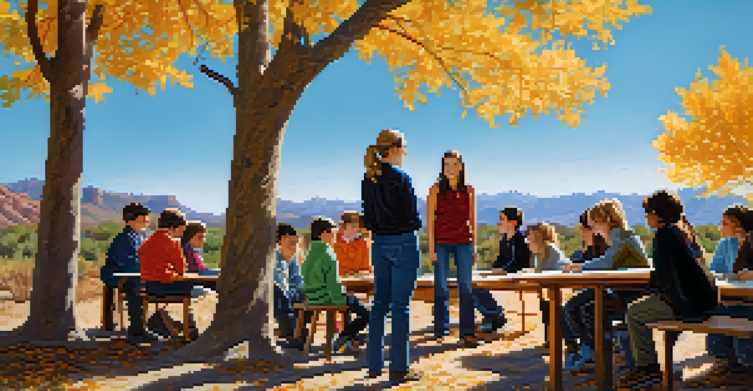 Students participating in an outdoor geology lesson in Tucson surrounded by autumn foliage.
