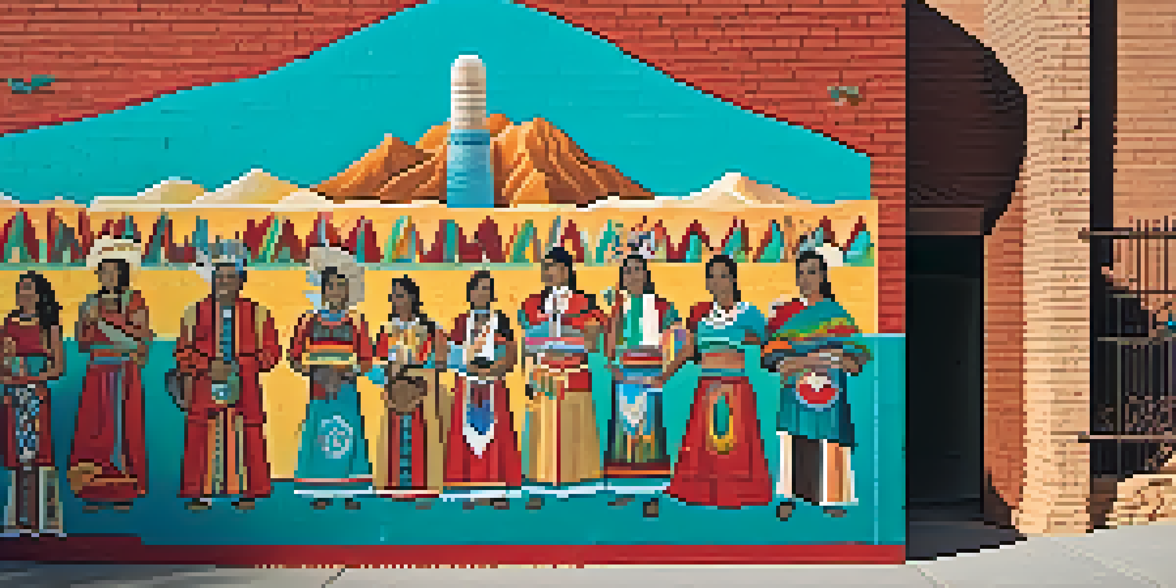 A colorful mural in Tucson showcasing Mexican and Native American cultural symbols, with community members participating in a collaborative art workshop.