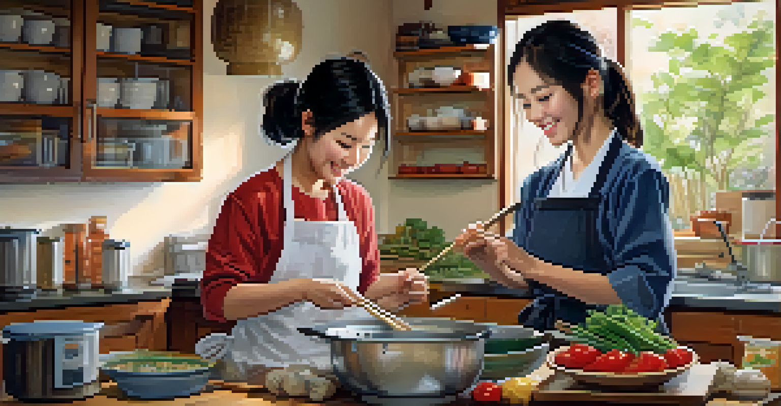 A Japanese student cooking with a Tucson host family in a warm kitchen filled with fresh ingredients.