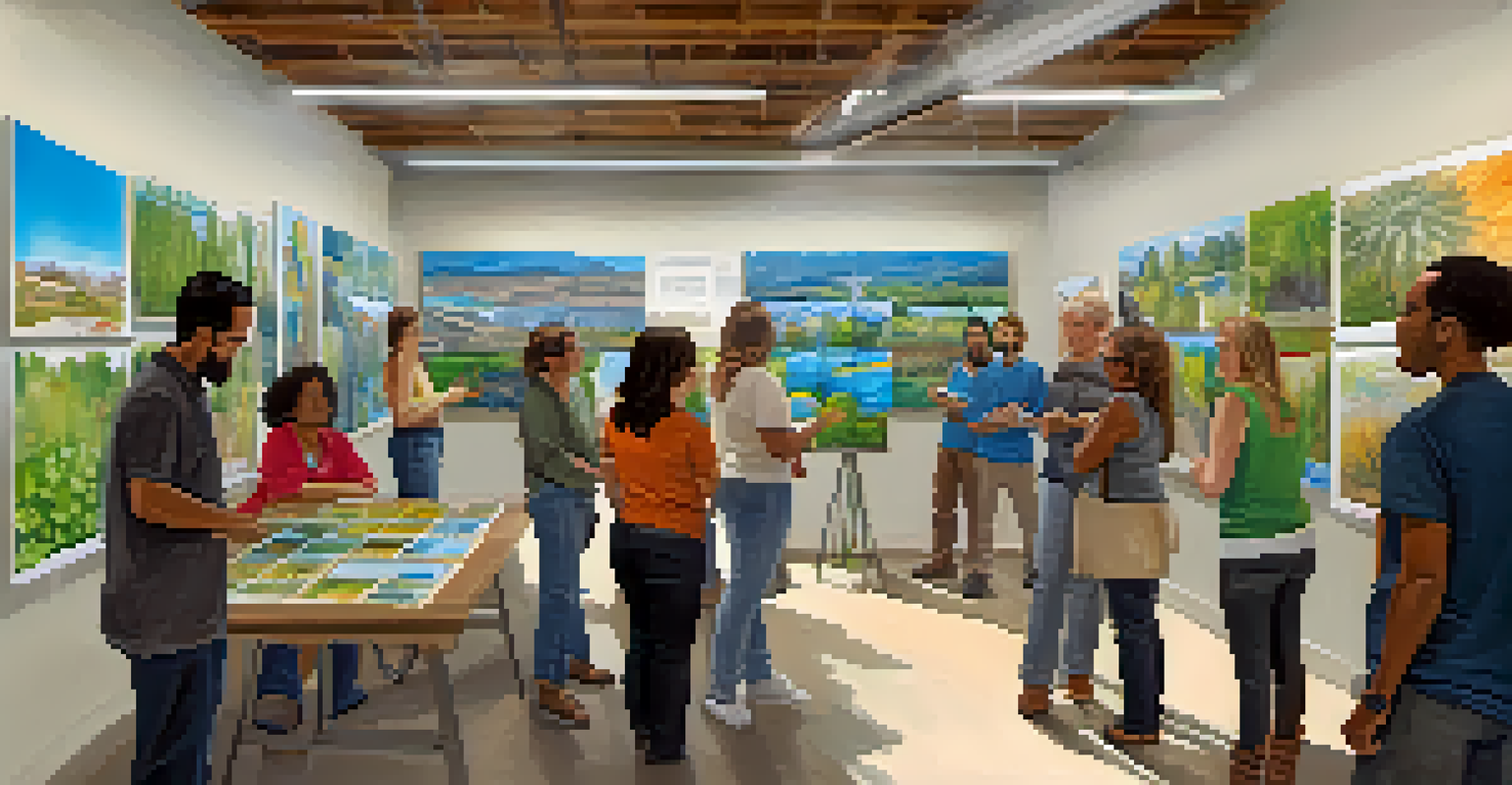 A community workshop in Tucson focusing on water conservation, with residents interacting and sharing ideas under bright sunlight.