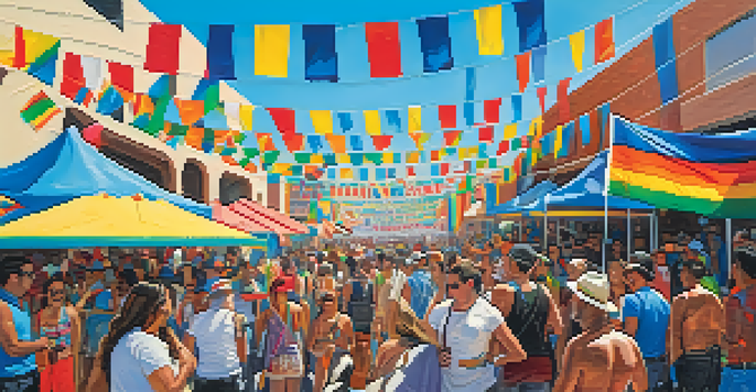 A lively crowd celebrating at the Tucson Pride Festival, featuring colorful flags and decorations in a sunny outdoor setting.