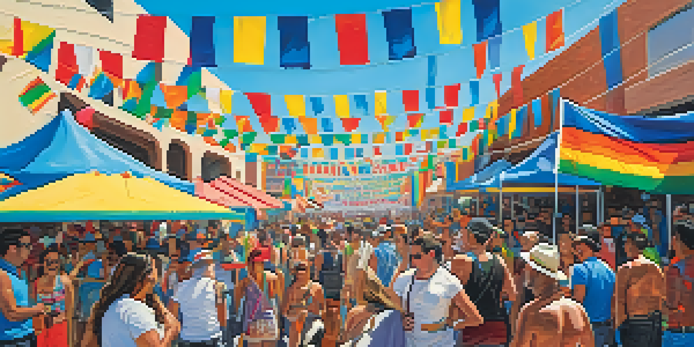 A lively crowd celebrating at the Tucson Pride Festival, featuring colorful flags and decorations in a sunny outdoor setting.