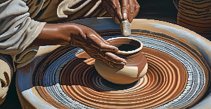 A Tohono O'odham potter shaping clay on a pottery wheel, with intricate designs and natural light illuminating the scene.