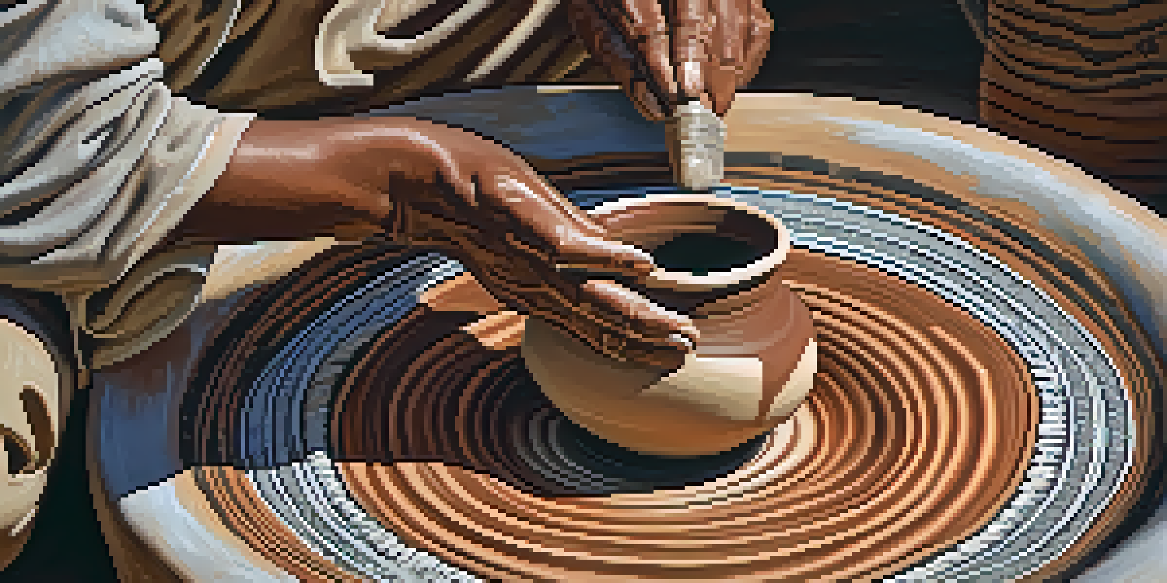 A Tohono O'odham potter shaping clay on a pottery wheel, with intricate designs and natural light illuminating the scene.