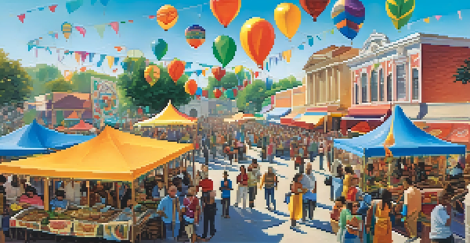A lively festival atmosphere with colorful tents, local artisans, and musicians, where diverse people enjoy food and festivities under a bright sky.