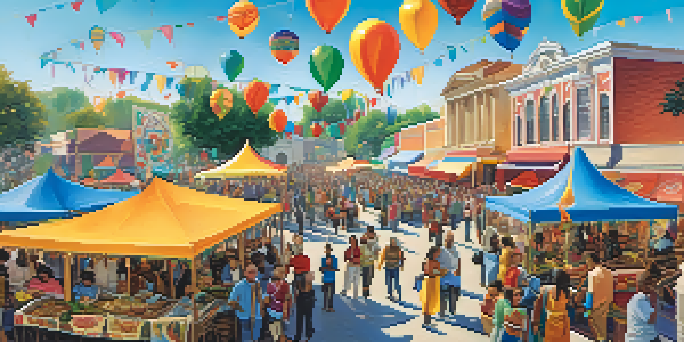A lively festival atmosphere with colorful tents, local artisans, and musicians, where diverse people enjoy food and festivities under a bright sky.