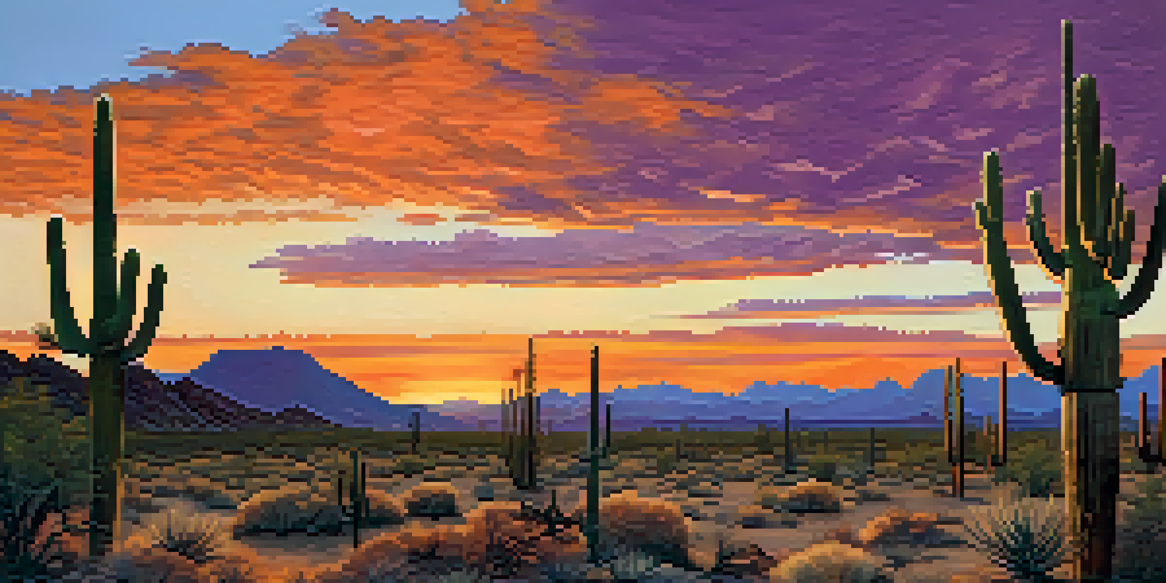 A sunset scene in Saguaro National Park featuring large cacti and ancient rock carvings.