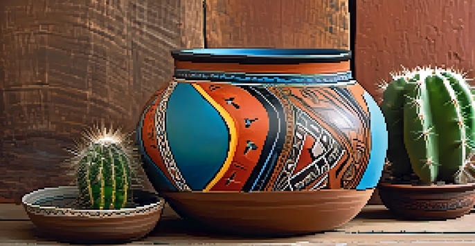 A colorful piece of Tucson pottery with intricate designs, placed on a wooden surface next to a small cactus.
