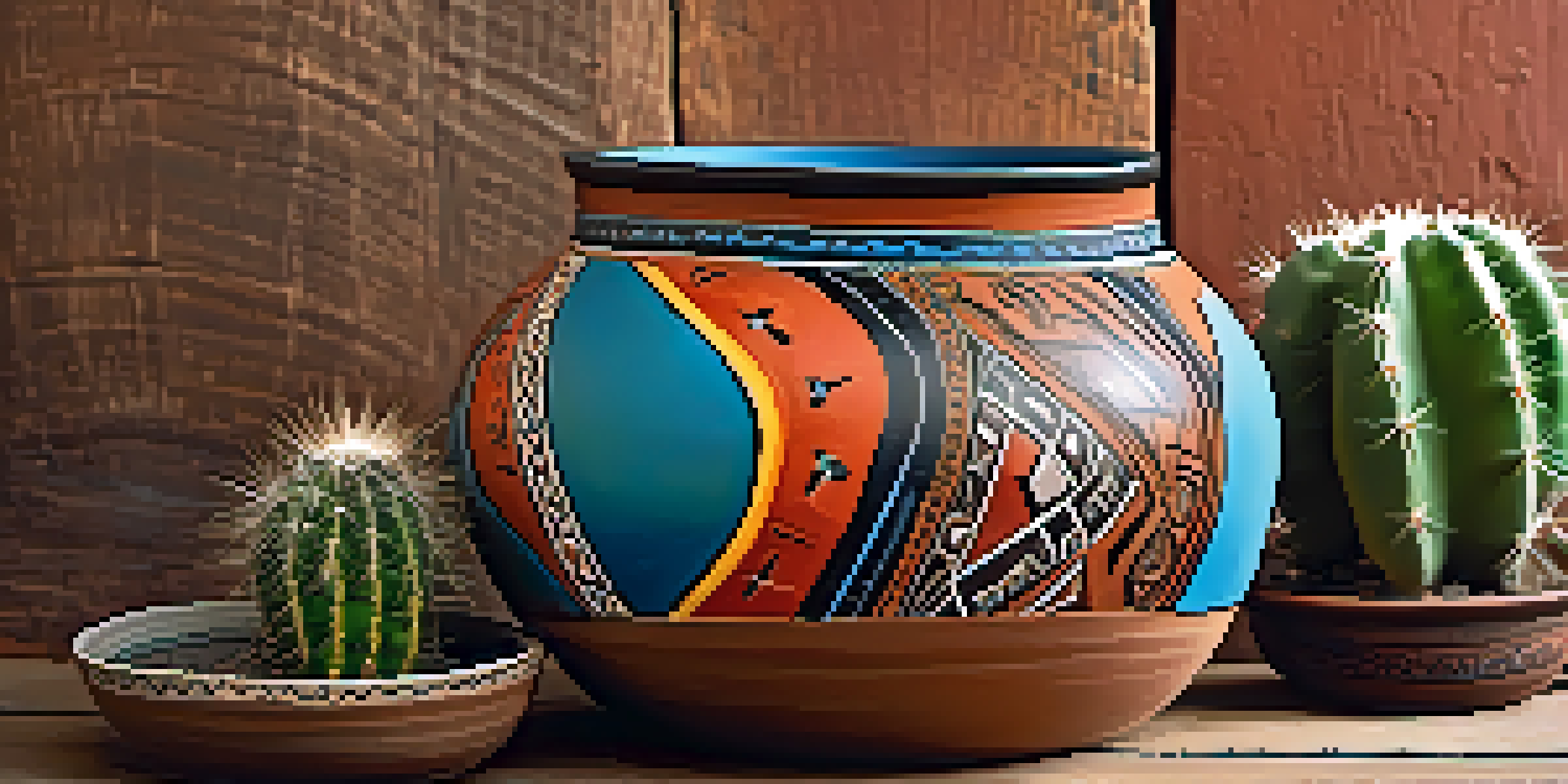 A colorful piece of Tucson pottery with intricate designs, placed on a wooden surface next to a small cactus.
