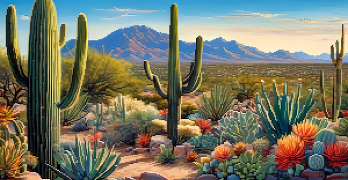 A colorful mural showcasing the Sonoran Desert with cacti, flowers, and wildlife under a bright blue sky.