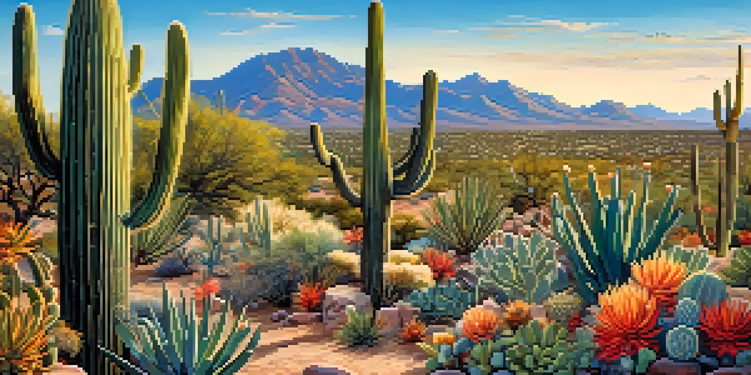 A colorful mural showcasing the Sonoran Desert with cacti, flowers, and wildlife under a bright blue sky.