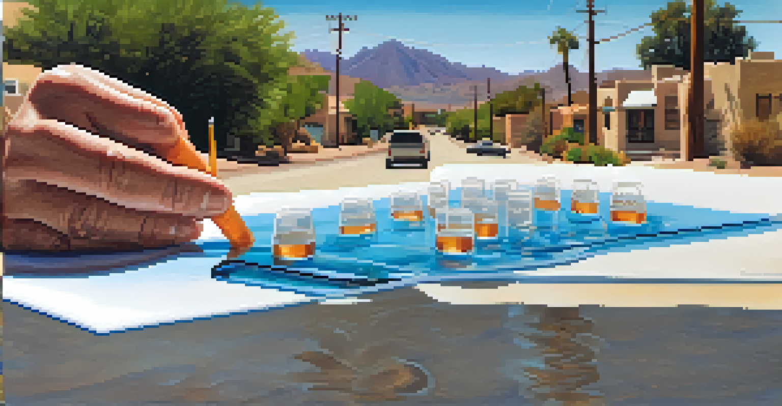 A community member testing water quality in Tucson, focusing on their hands with samples, surrounded by neighborhood scenery.