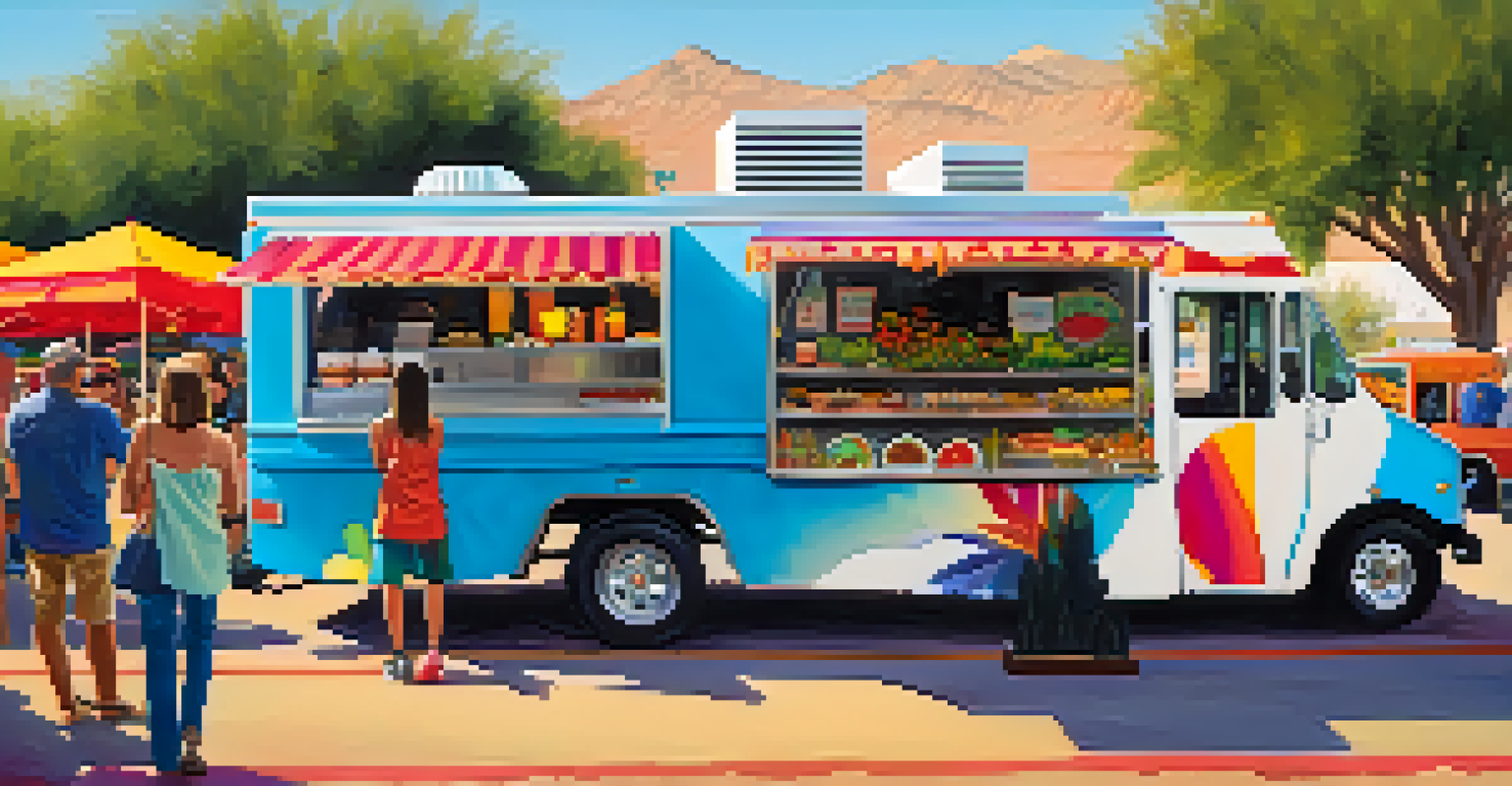 A colorful food truck serving local dishes at a film festival, with happy customers and a desert backdrop.