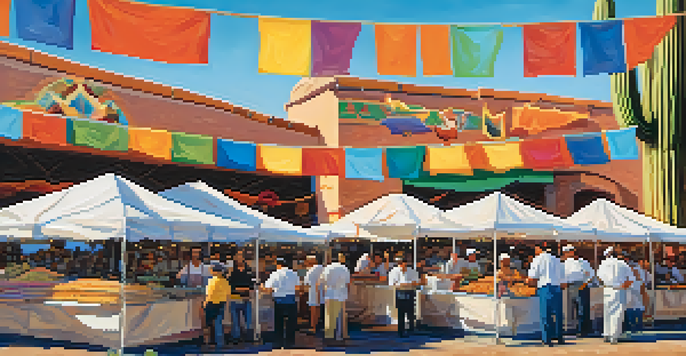 A lively outdoor scene at the Tucson Culinary Festival with food stalls, chefs cooking local dishes, and people sampling food under a blue sky.