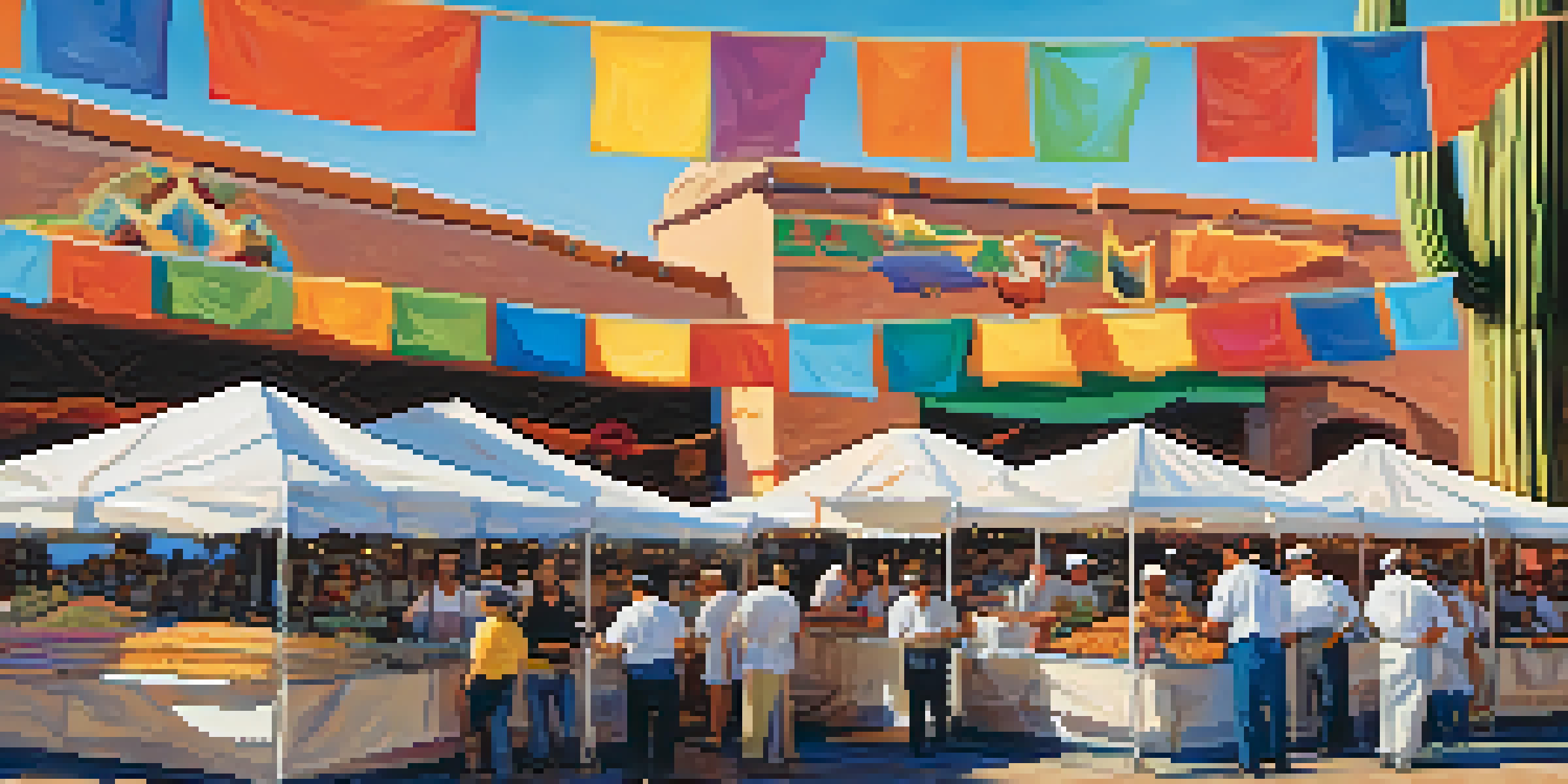A lively outdoor scene at the Tucson Culinary Festival with food stalls, chefs cooking local dishes, and people sampling food under a blue sky.