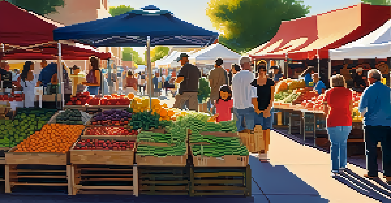 A bustling farmers' market in Tucson with stalls of fresh produce and local crafts, showcasing a vibrant community atmosphere.