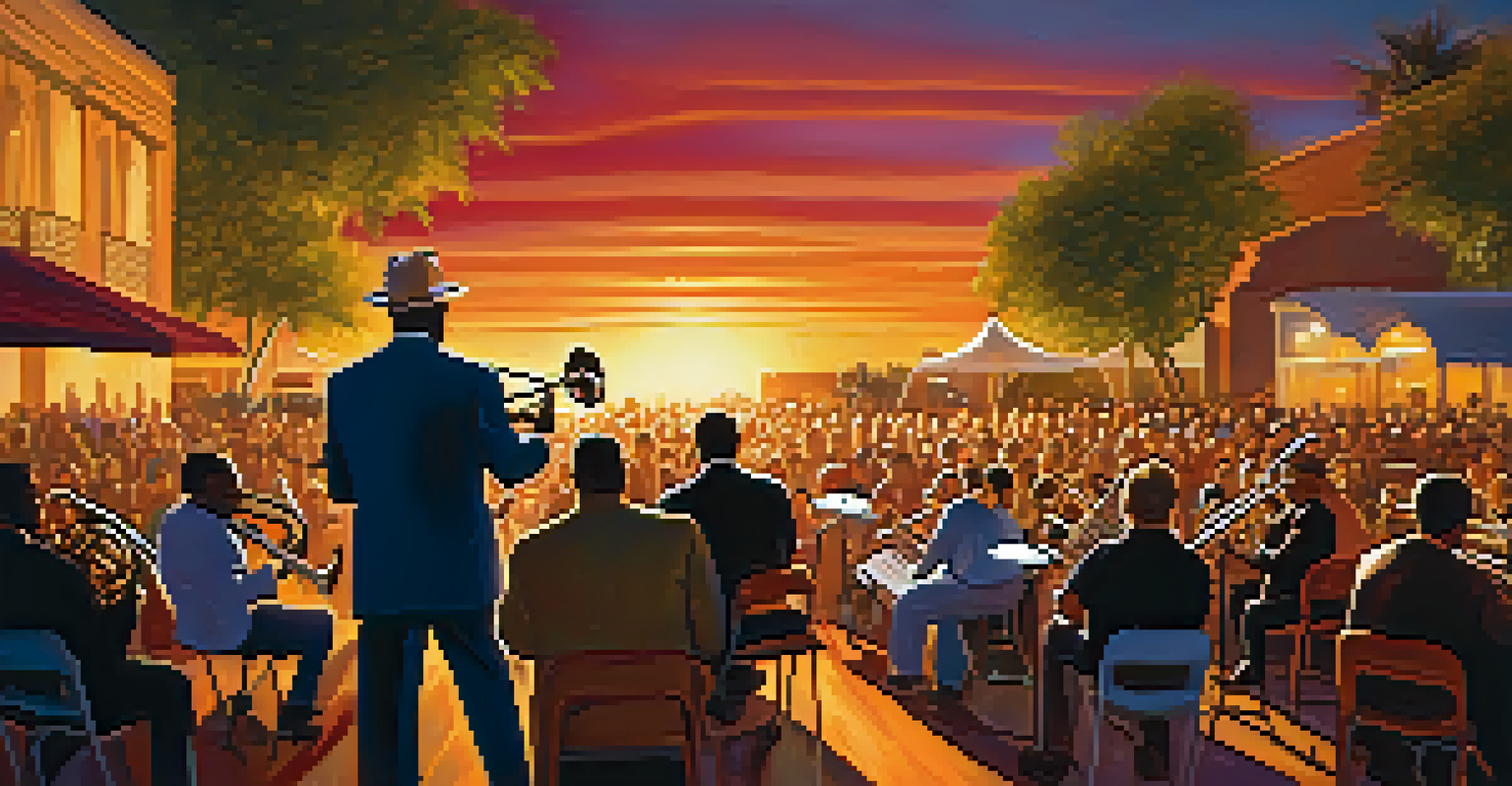 A jazz band performing on stage at a festival, with vibrant lighting and an engaged audience enjoying the music during sunset.
