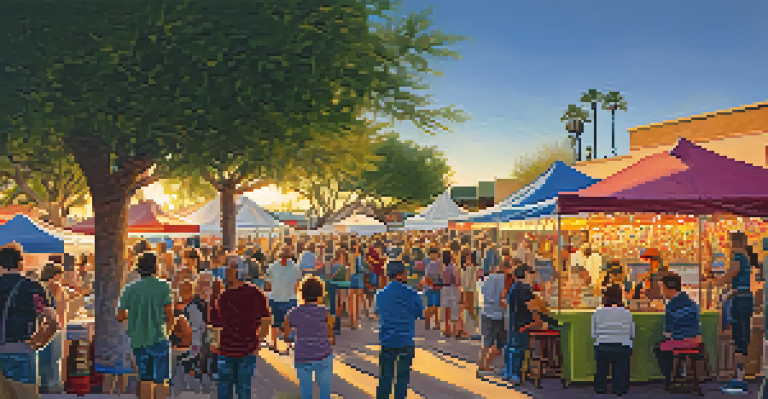 An art festival in Tucson with artists painting, colorful booths, and a diverse crowd enjoying the festivities under a warm sunset.